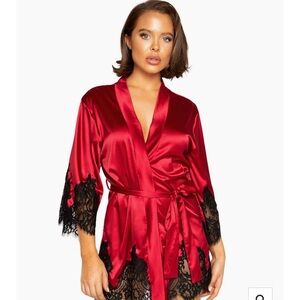 NWOT Elegant Red Satin Lace Trim Robe and matching thong. 2 piece set